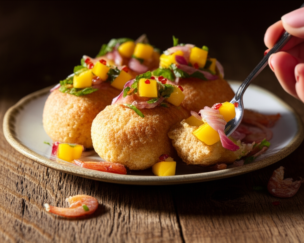 Acarajé de forno crocante servido com vinagrete de manga picante e camarão seco fresco.