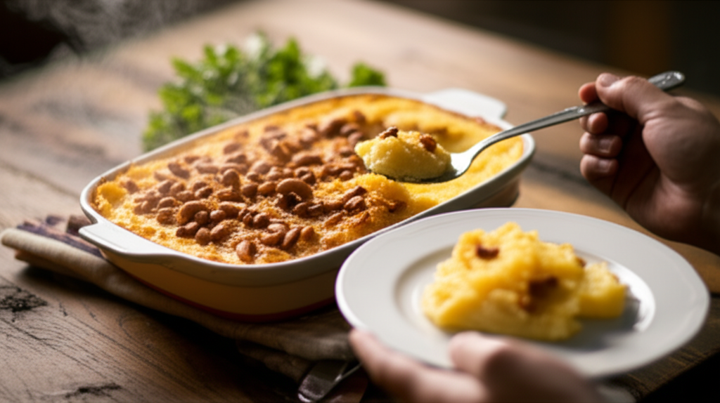 Bacalhau gratinado dourado, purê de mandioca cremoso, crocante de castanha-de-caju, prato rápido.