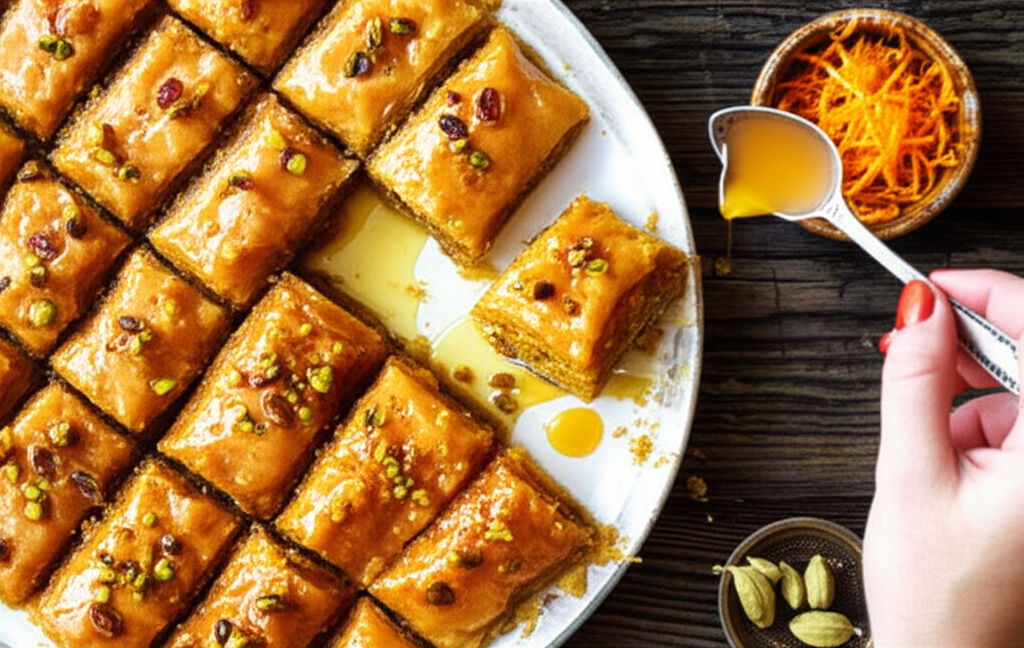 Baklava turca de abóbora, pistache, calda de laranja e cardamomo, crocante e exótica.