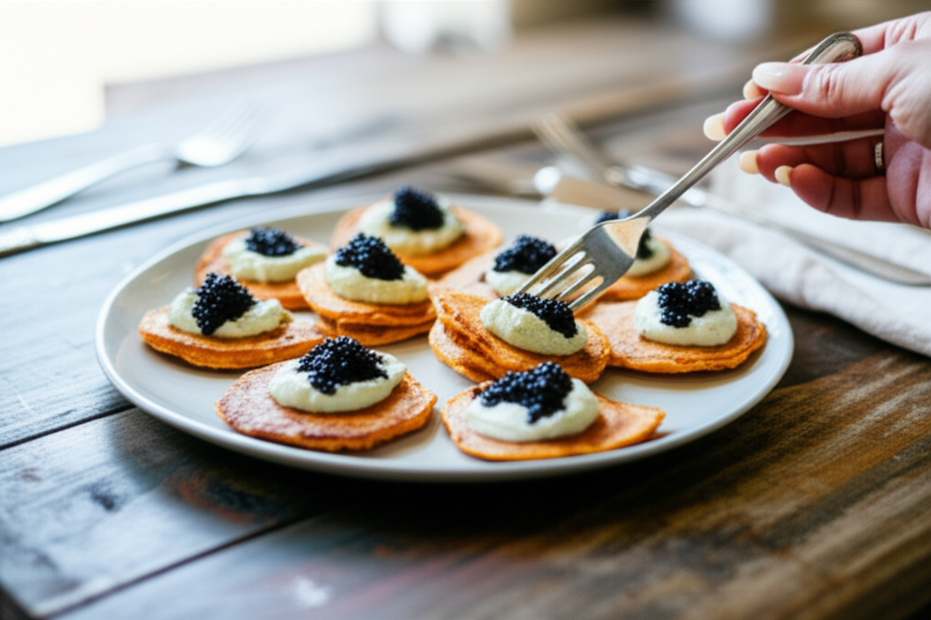 Blini de batata doce, creme azedo de endro e caviar vegano, receita russa sofisticada.