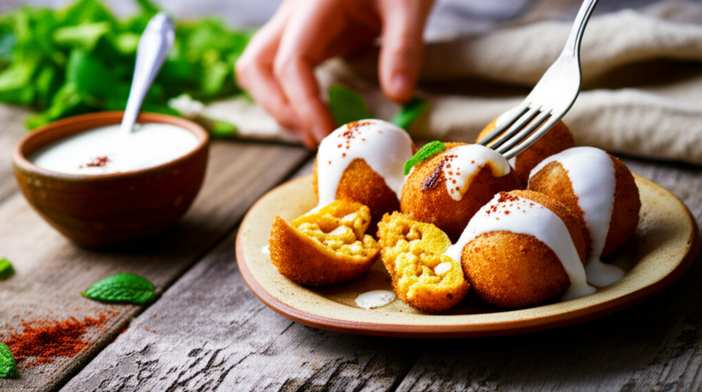Bolinhos de chuva árabes dourados, recheados com grão de bico cremoso, servidos com molho picante.