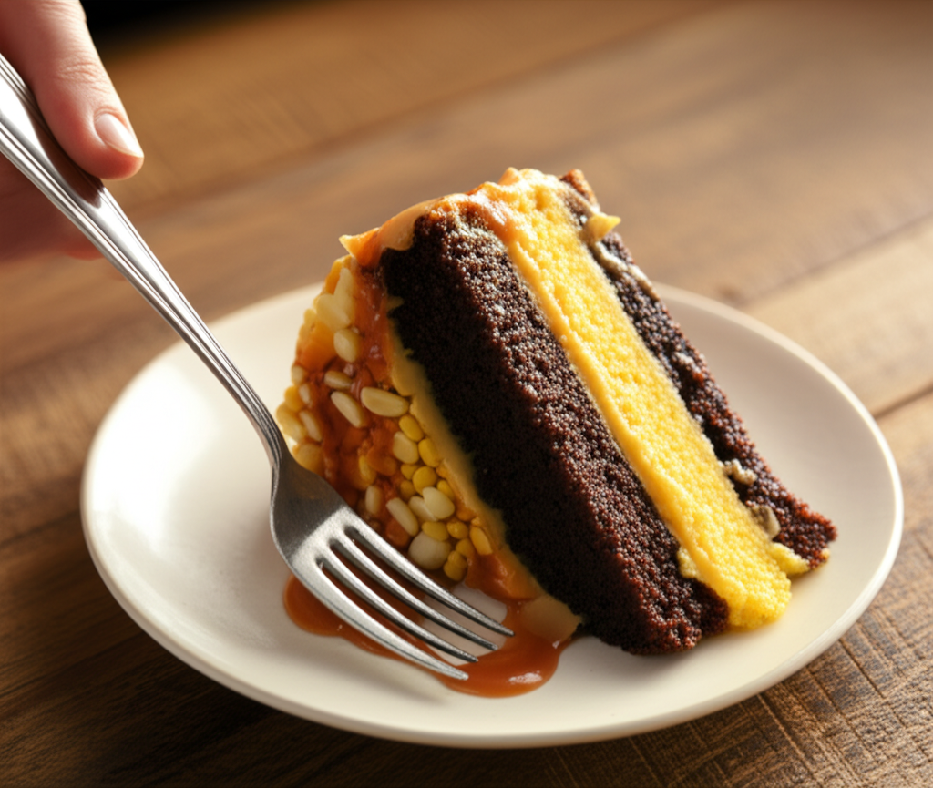 Bolo cremoso de milho e chocolate picante, calda de caramelo salgado e amêndoas crocantes, sobremesa sofisticada.