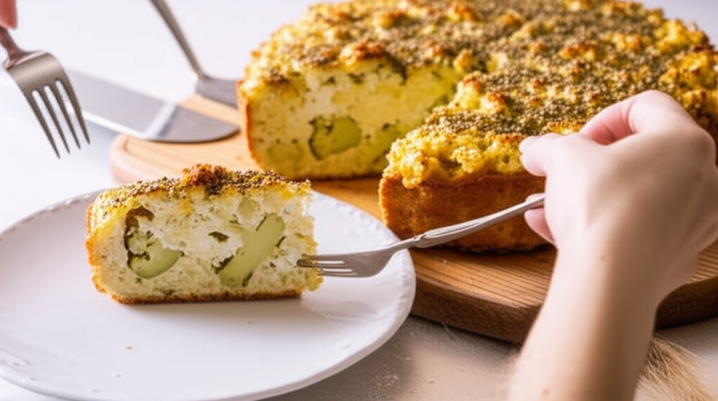 Fatias douradas de bolo salgado de couve-flor, queijo feta e za'atar em prato.