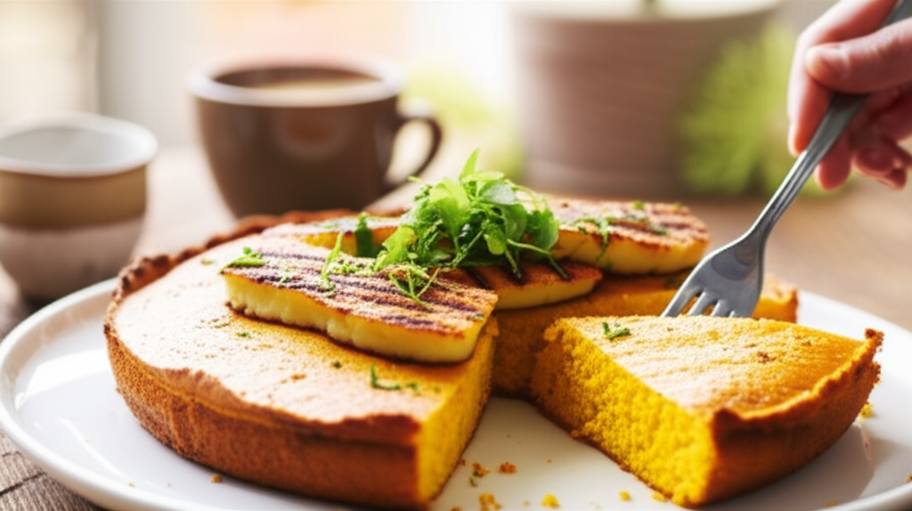 Fatia de bolo de milho salgado cremoso com queijo coalho grelhado e ervas frescas.