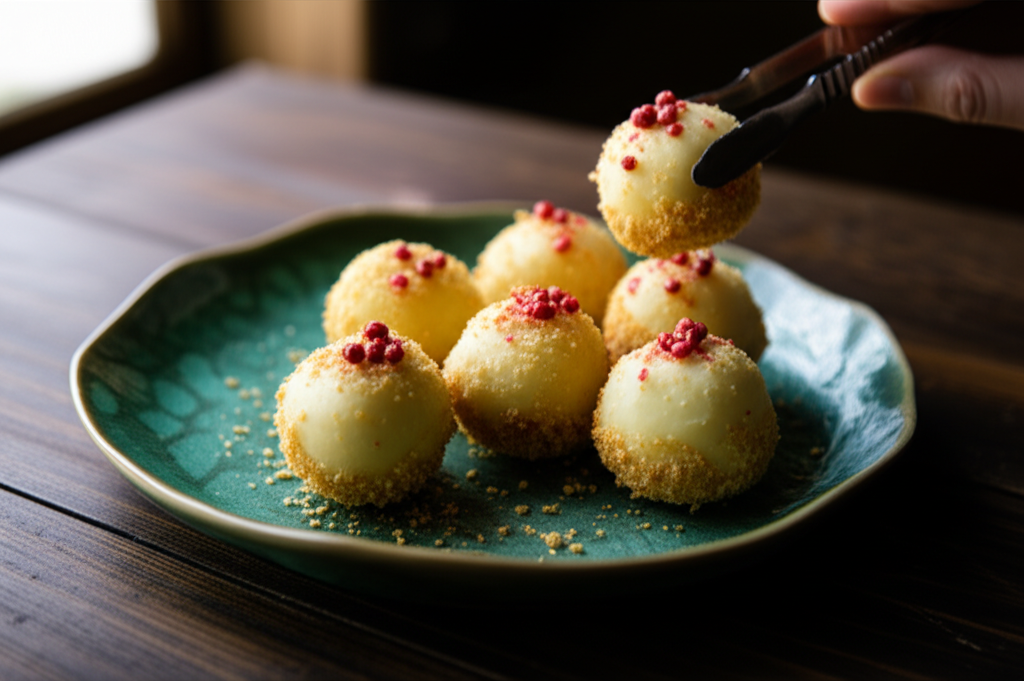 Brigadeiro de Capim-Limão com crocante de gengibre e pimenta rosa, doce gourmet brasileiro, sobremesa.
