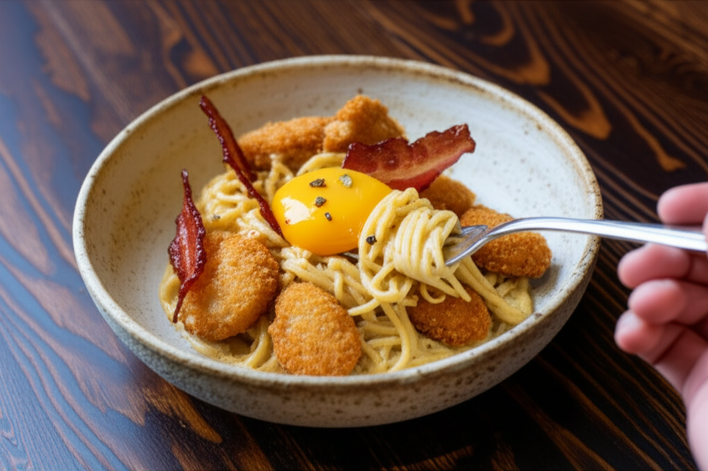 Carbonara de frango crocante com bacon de cenoura defumado, gema curada no miso, prato gourmet fit.