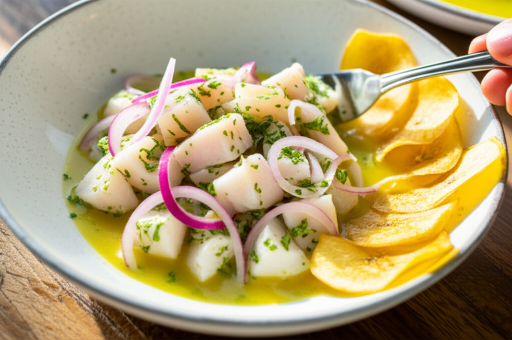 Ceviche de peixe branco fresco com molho de cajá e chips de banana da terra.