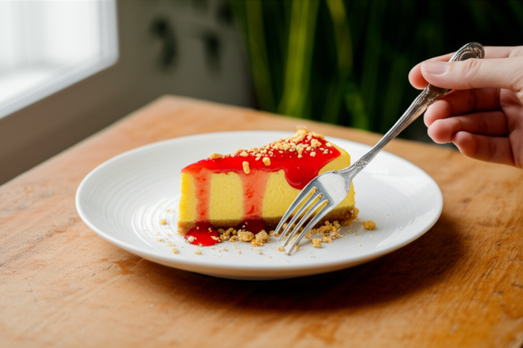 Cheesecake de Bacuri cremoso, calda de acerola picante, crocante de castanha-do-Pará, sobremesa tropical.