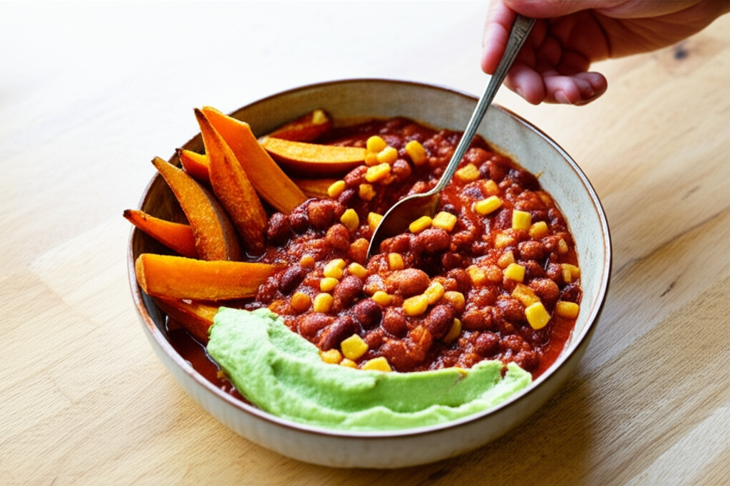 Chili vegetariano desconstruído em bowl, batata doce assada e creme de abacate defumado fitness.