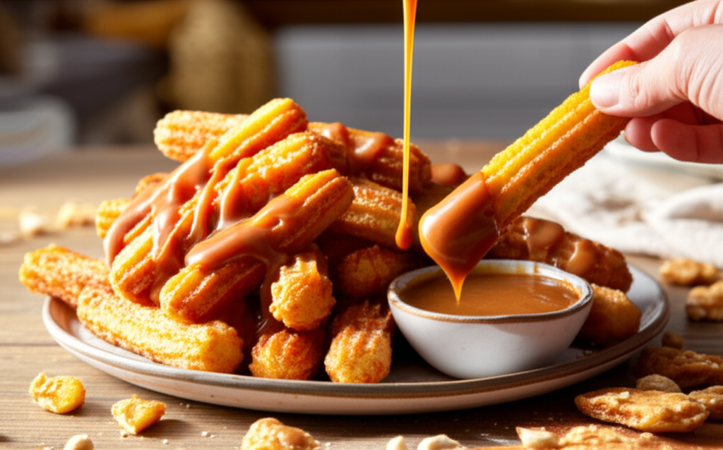 Churros de abóbora crocantes com doce de leite picante, amendoim salgado e especiarias mexicanas.