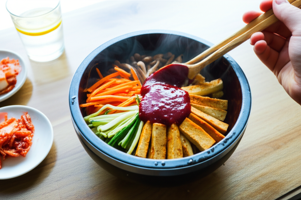 Bibimbap vegano colorido com tofu defumado, vegetais frescos e molho gochujang caseiro.