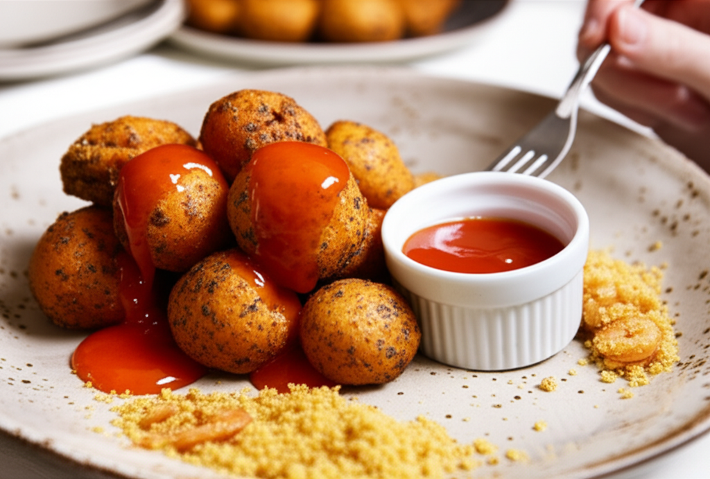 Bolinhos Akara de feijão fradinho crocantes, servidos com molho de pimenta e farofa de camarão.