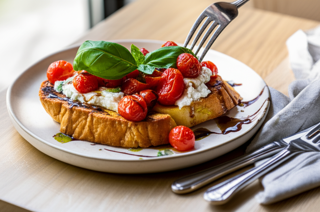 French toast salgado com queijo de cabra, tomate cereja confitado e ervas frescas para brunch.