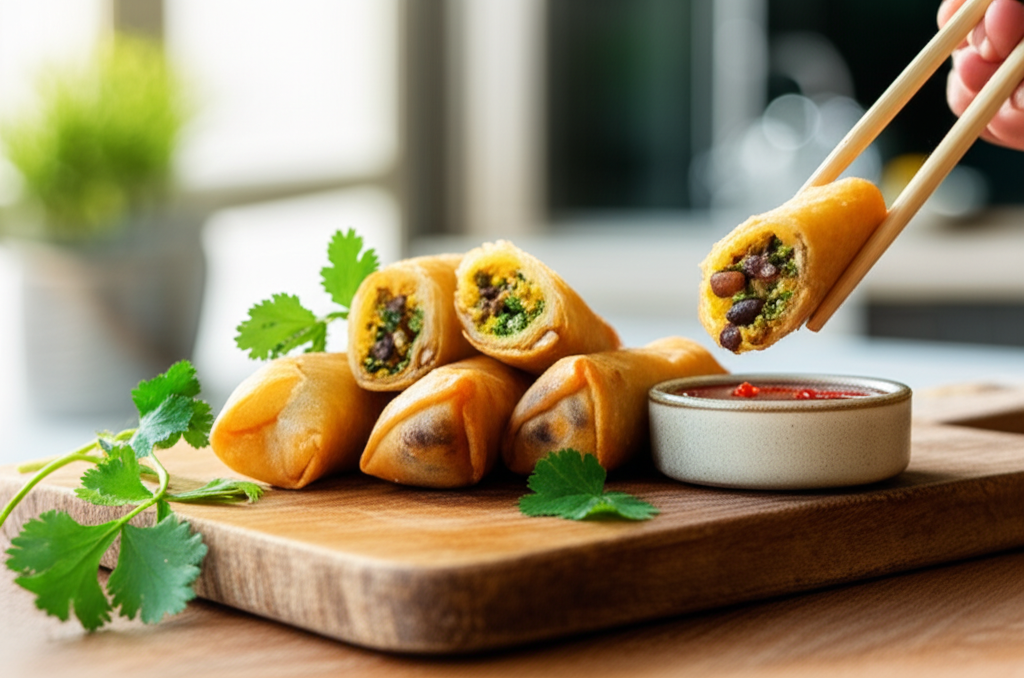 Rolinhos primavera crocantes recheados com feijão tropeiro, servidos com molho agridoce picante de goiabada.