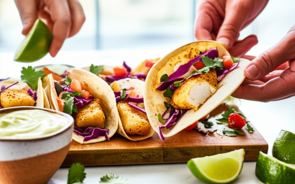 Tacos de peixe crocante na Airfryer com maionese cítrica de abacate frescos e saudáveis.