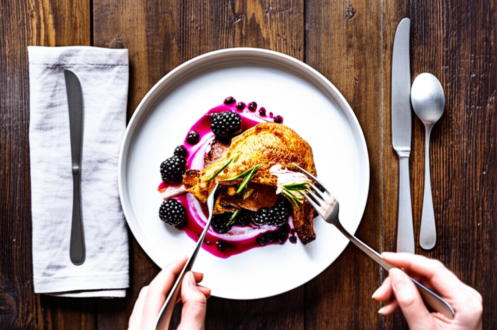 Confit de pato crocante na airfryer com molho de amora e alecrim, servido em prato gourmet.