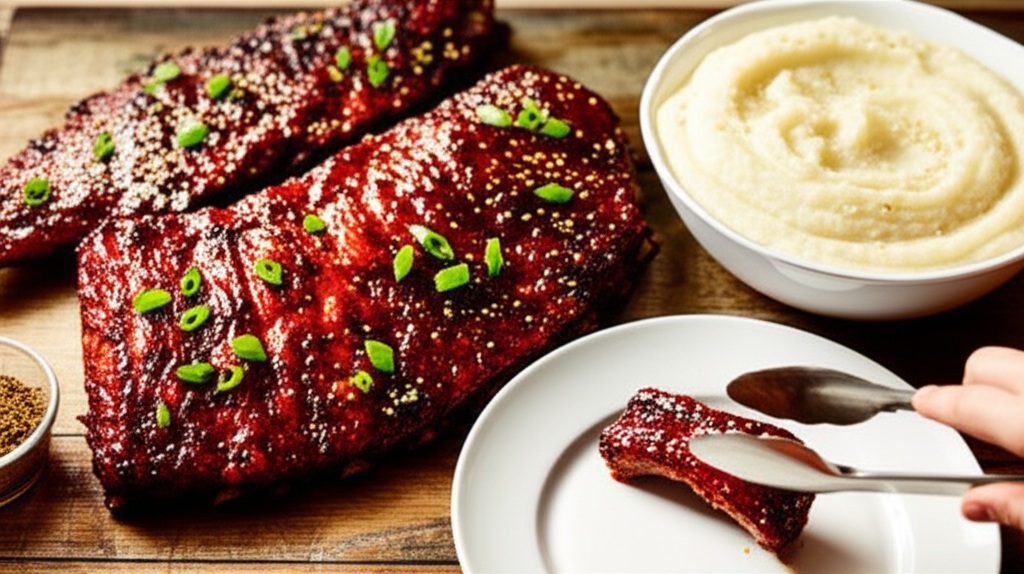 Costelinha suína glaceada com gochujang e mel, assada, com purê cremoso de couve-flor. Jantar fácil.