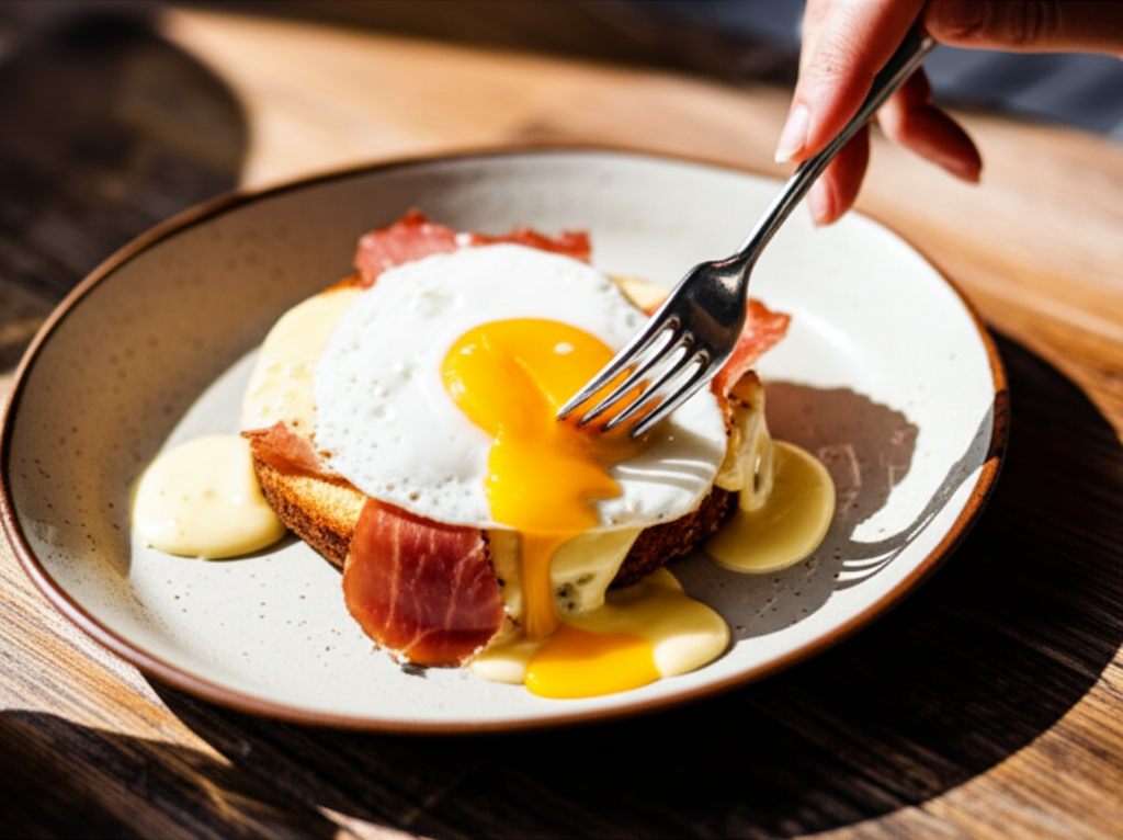 Croque Madame elegante com presunto Parma crocante, molho Bechamel Gruyère e ovo perfeito.