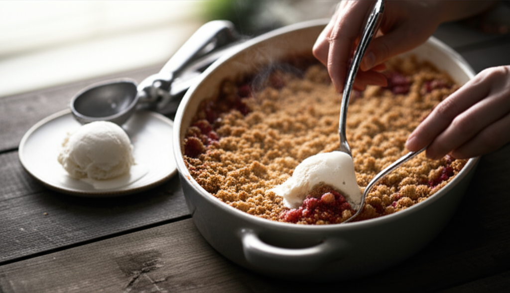 Crumble de maçã e cranberry com especiarias de gengibre e sorvete de canela, sobremesa aconchegante.
