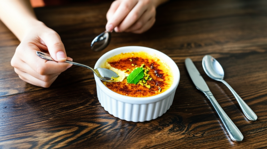 Crème Brûlée de Manga com Especiarias Indianas e Crocante de Pistache Salgado em tigela elegante.