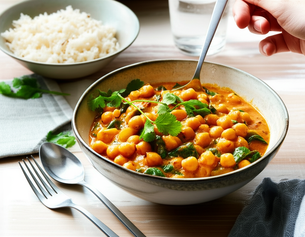 Curry indiano vegano de grão de bico, espinafre e leite de coco cremoso, servido em tigela.