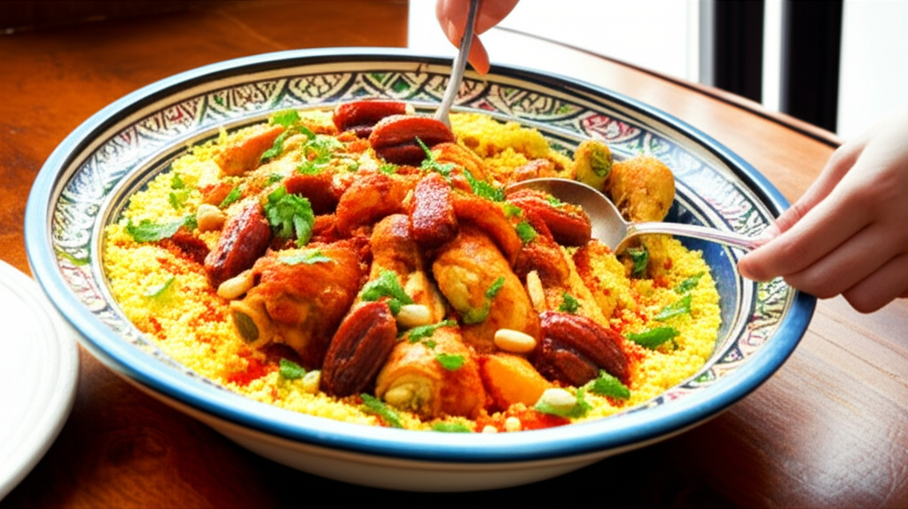 Cuscuz marroquino de frango, tâmaras caramelizadas, especiarias árabes e ervas frescas em tigela rústica.