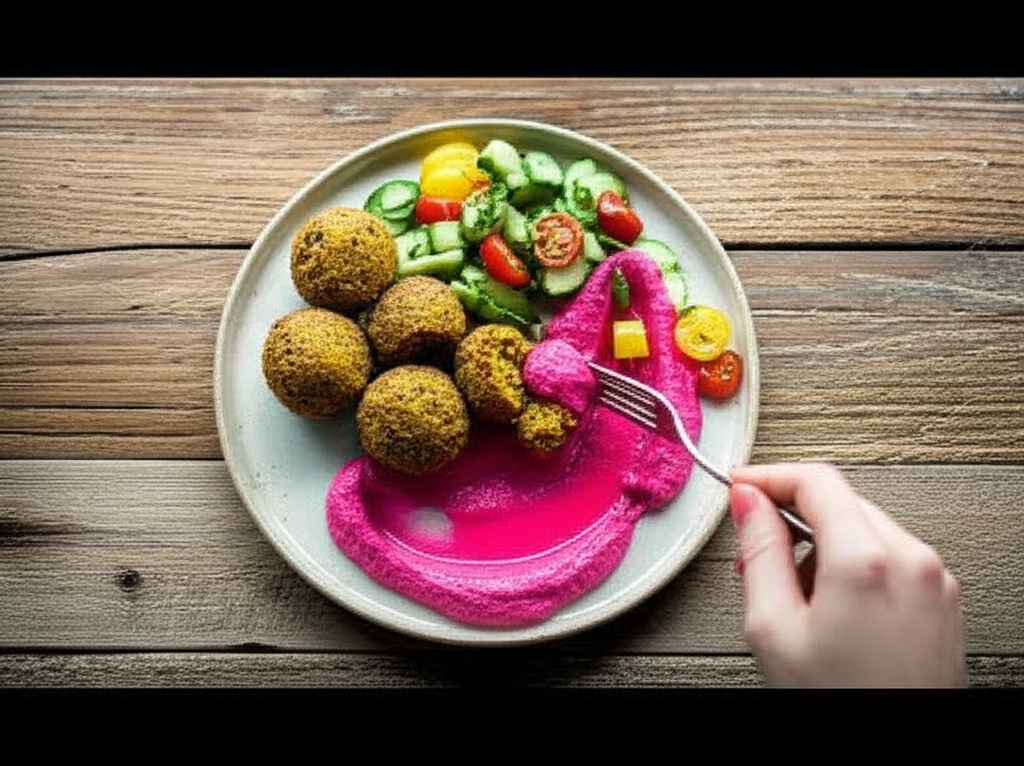 Falafel de lentilha com tahine de beterraba e salada crocante de pepino. Receita vegana fitness.