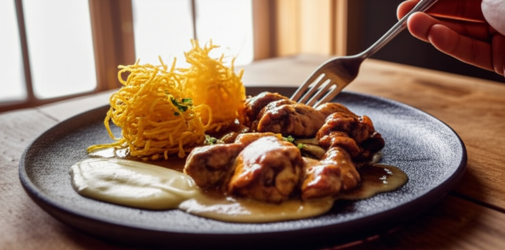 Frango Coq au Vin desconstruído cremoso com ninhos de batata palha e molho de Catupiry.