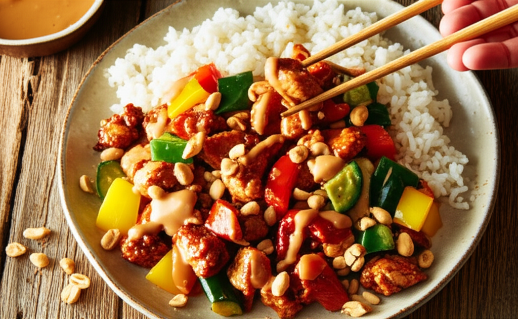 Frango Xadrez desconstruído com molho de amendoim e arroz de couve-flor, refeição chinesa saudável.