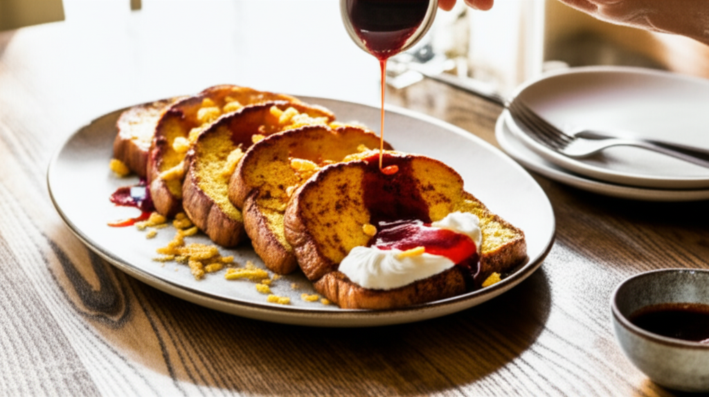 French Toast de milho doce com calda de pimenta ancho e crumble crocante de tortilla.