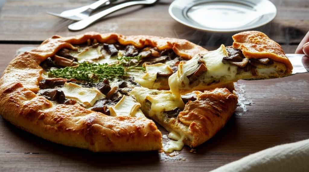 Galette rústica de cogumelos selvagens, queijo brie derretido e tomilho fresco sobre massa crocante.