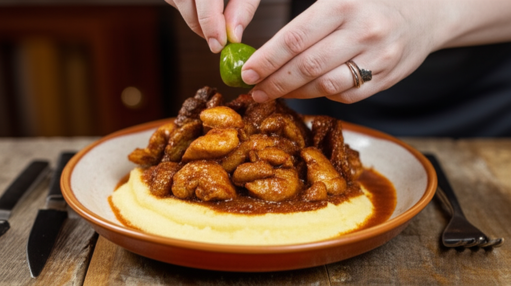 Goulash de moela com polenta cremosa de mandioca e picles de jambu, um prato exótico.