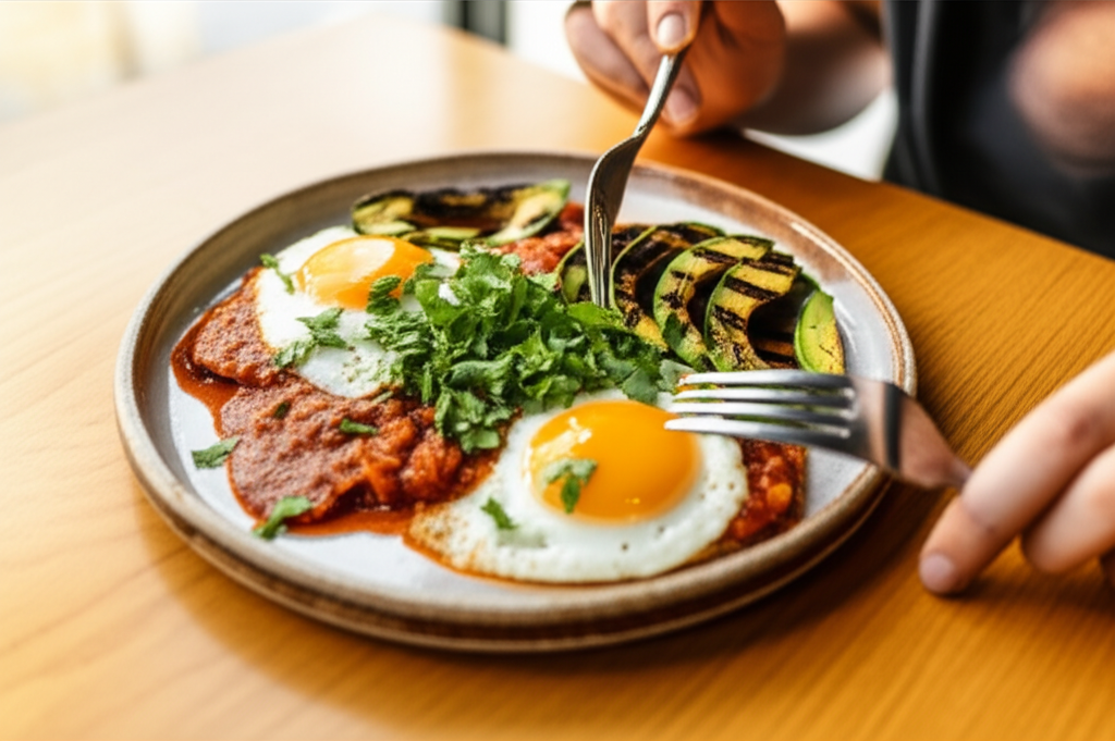 Huevos Rancheros saudáveis com abacate grelhado e tortillas caseiras de milho. Café da manhã nutritivo.