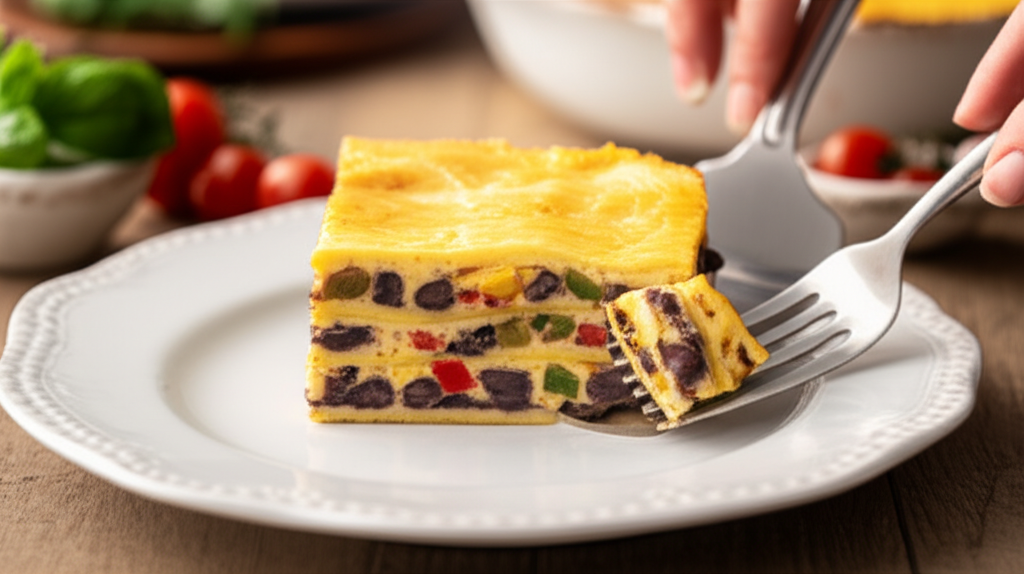 Lasanha vegana de milho cremosa com feijão preto, pimentões coloridos frescos e cheiro-verde.