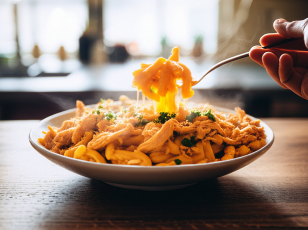 Mac e Queijo Cremoso Low Carb com abóbora cabotiá e frango defumado, pronto para servir.