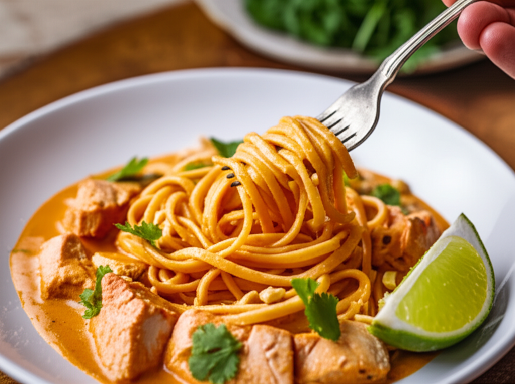 Macarrão tailandês cremoso de salmão com curry vermelho, leite de coco e crocante de amendoim.