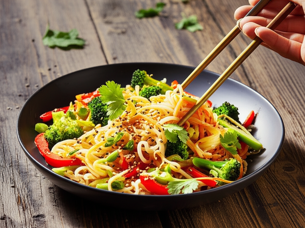 Macarrão de arroz salteado vegano com jaca verde desfiada defumada e vegetais crocantes.