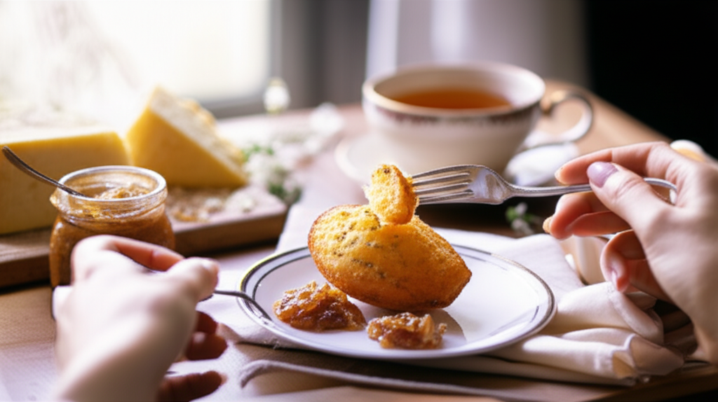 Madeleine salgada de queijo Gruyère com geleia de cebola caramelizada para café da tarde.