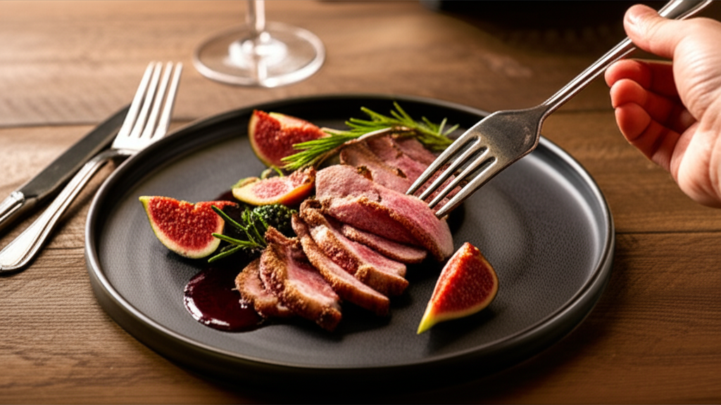 Magret de pato grelhado, suculento, com molho de figo e especiarias, em prato gourmet.