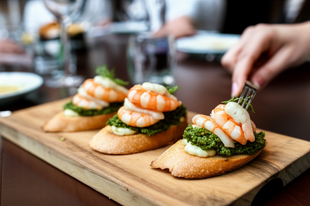 Montadito de camarão grelhado, tapenade de jambu vibrante e aioli de alho assado em pão tostado.