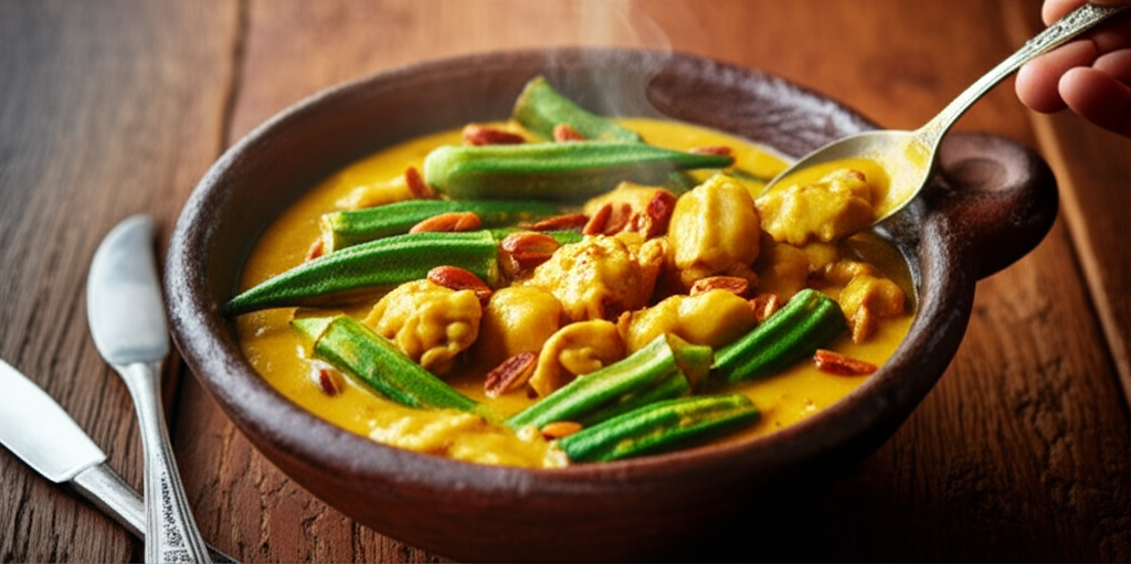 Moqueca de frango cremosa com amendoim, quiabo grelhado e leite de coco, prato africano.