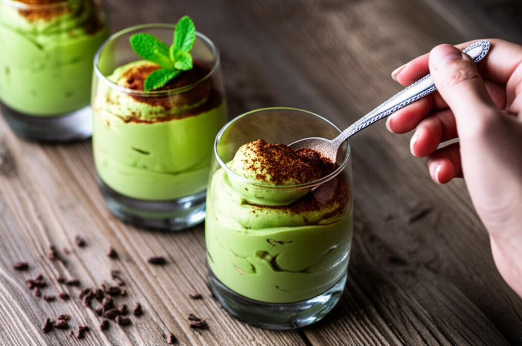 Mousse de abacate cremoso com cacau e pimenta caiena. Sobremesa fit, rápida e nutritiva.