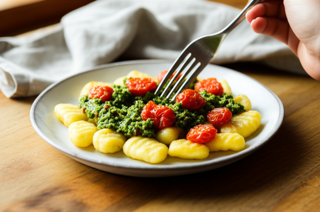 Nhoque cremoso de inhame, pesto de castanha-do-pará e tomate confitado, prato vegetariano delicioso.