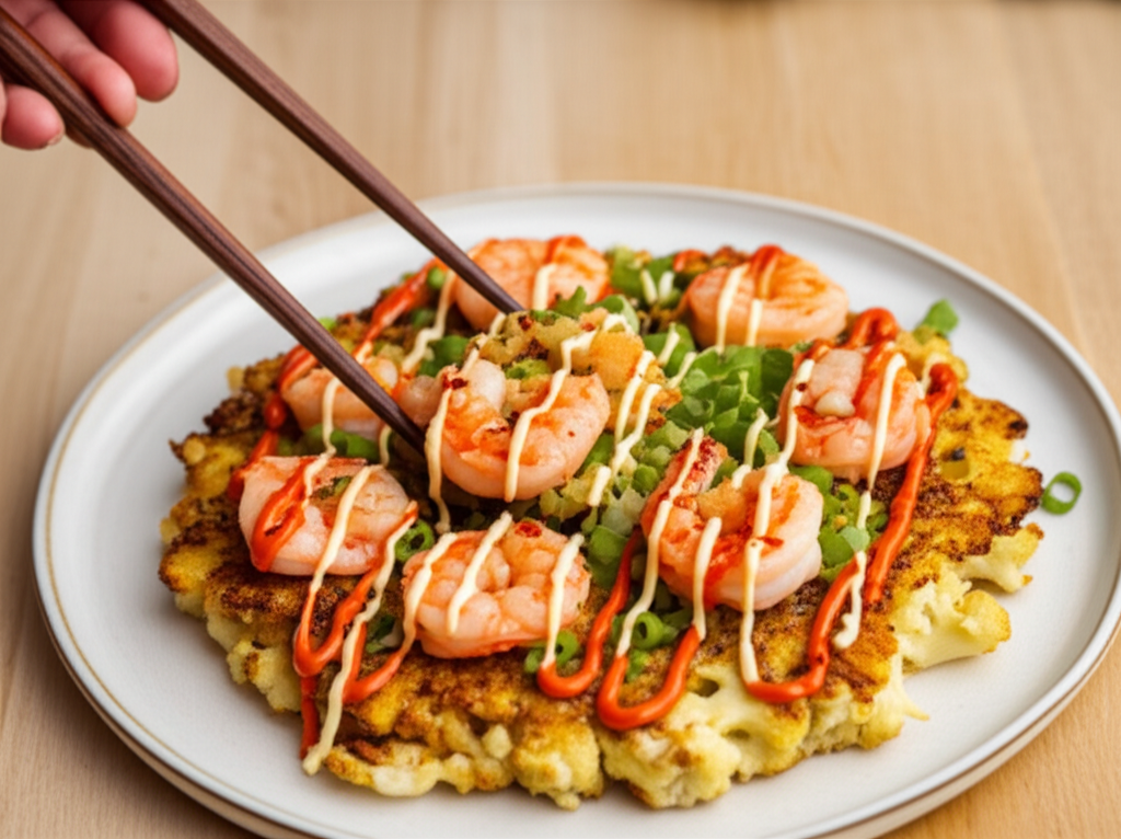 Okonomiyaki de couve-flor e camarão com maionese Kewpie picante, receita japonesa fit para jantar.
