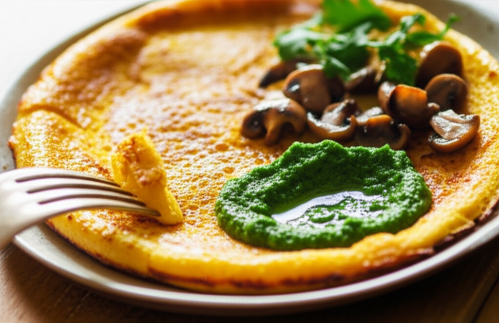 Omelete Soufflé de grão de bico com cogumelos salteados e chutney fresco de tomate verde.