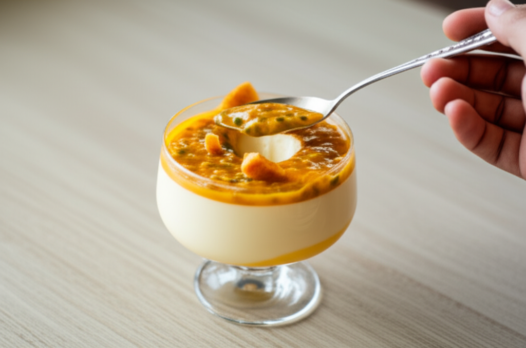 Panna Cotta de Cachaça com Calda de Maracujá, decorada com crocante de castanha-de-caju.