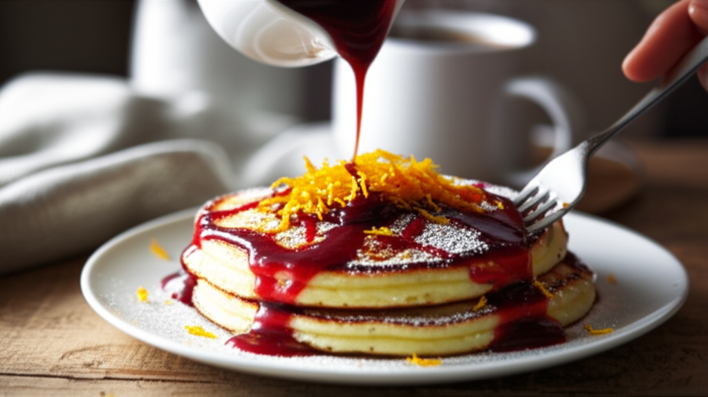 Panqueca alemã de milho dourada com calda de goiaba defumada e raspas de laranja, café da manhã gourmet.