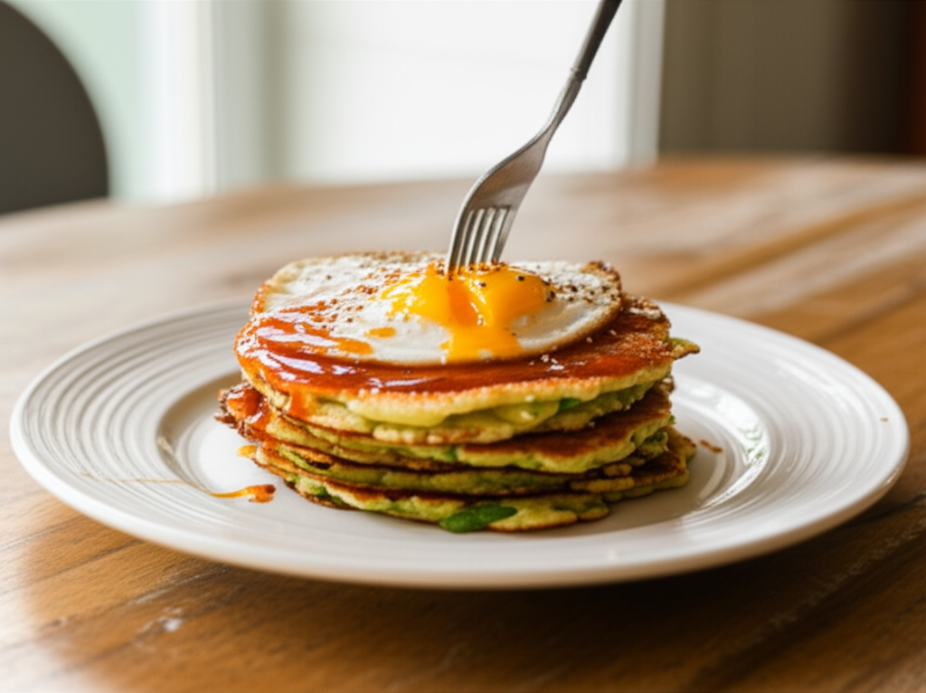 Panqueca chinesa de cebolinha, ovo frito e molho agridoce de laranja e gergelim para café da manhã.