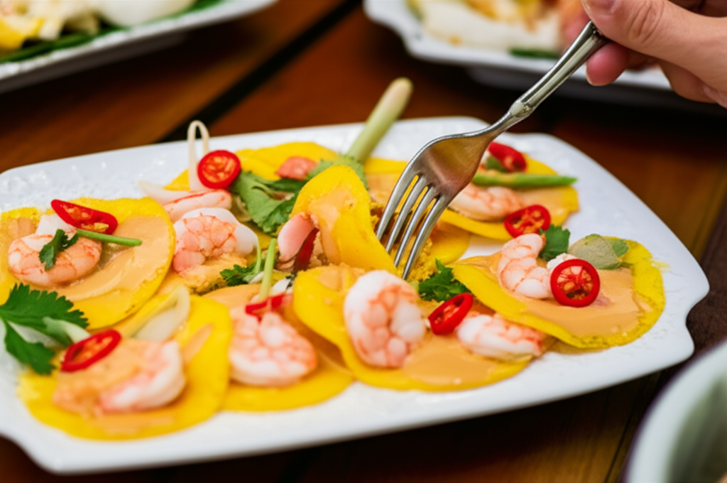 Panqueca tailandesa de arroz com camarão, capim-limão e molho de amendoim picante, ideal para brunch exótico.