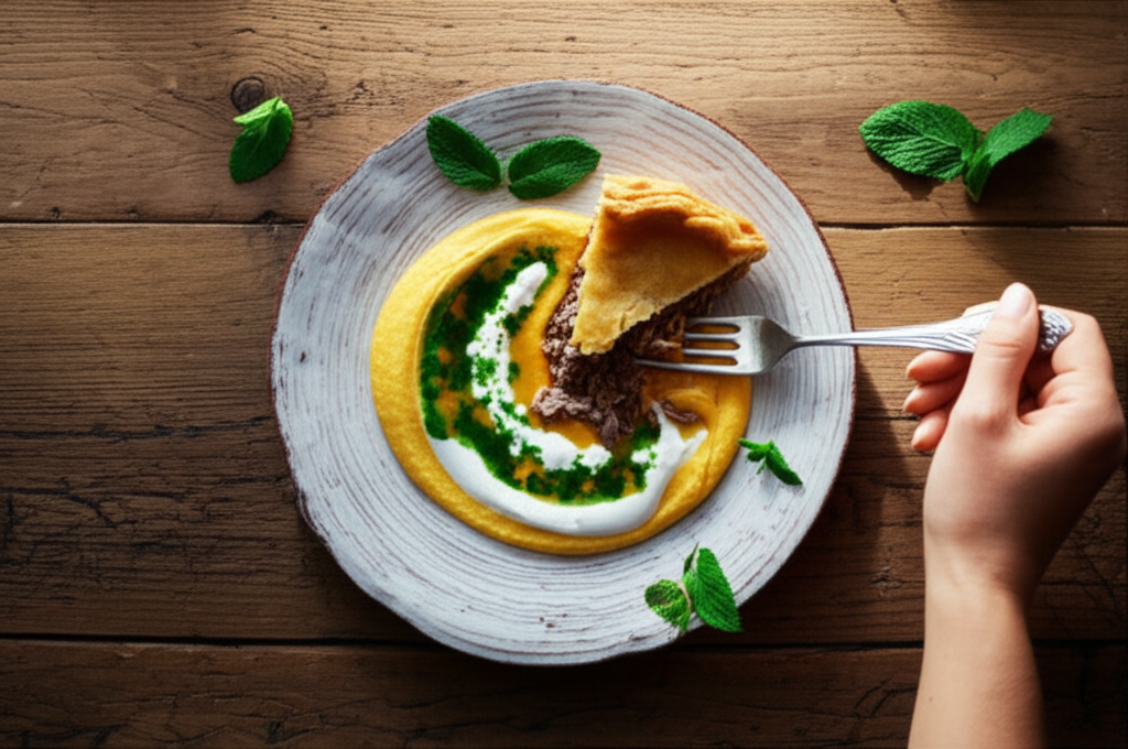 Pastel de forno gourmet de cordeiro desfiado com purê cremoso de grão de bico e molho de iogurte.